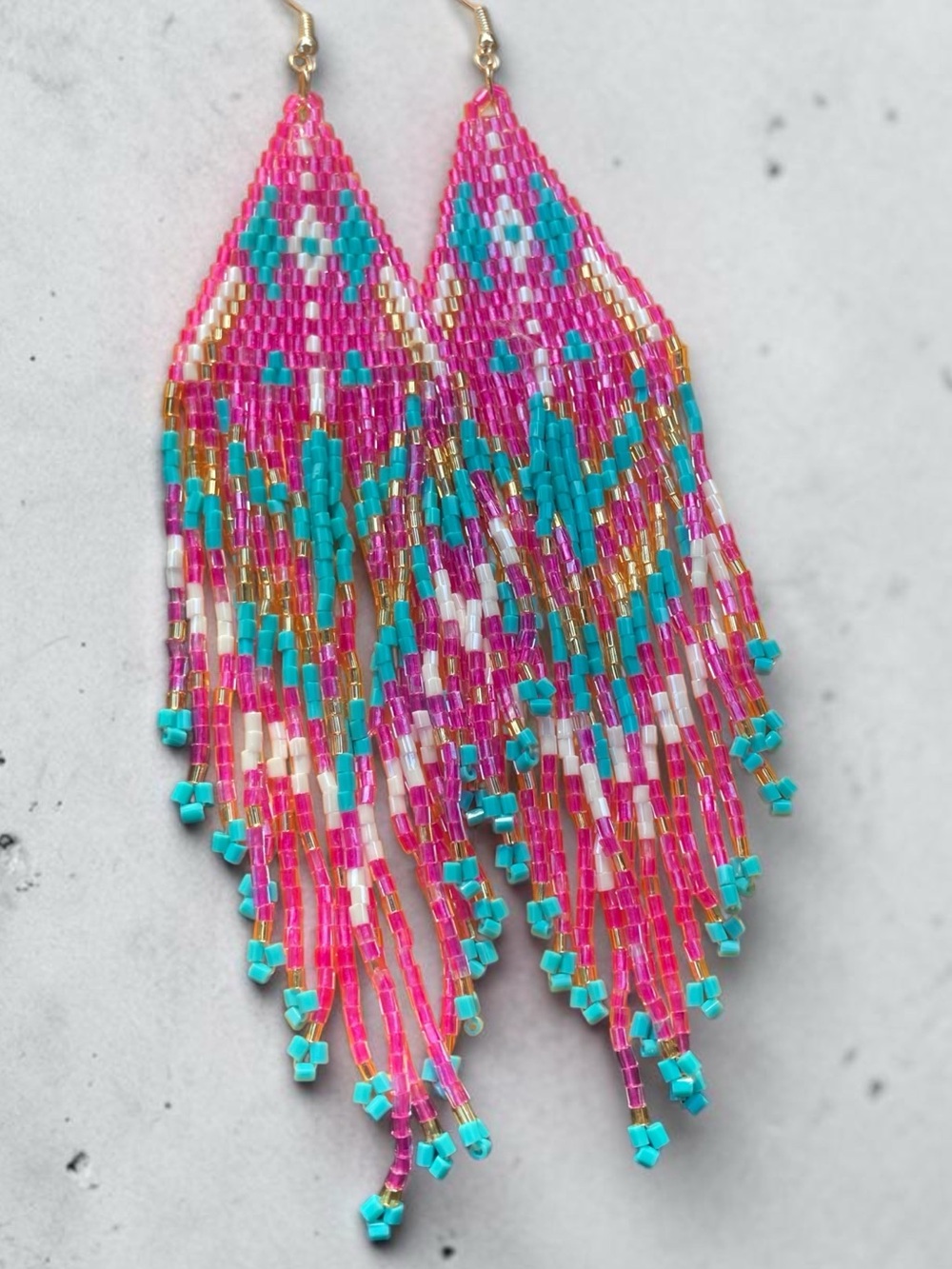Handmade Pink & Turquoise Seed Bead Fringe Earrings - Brand